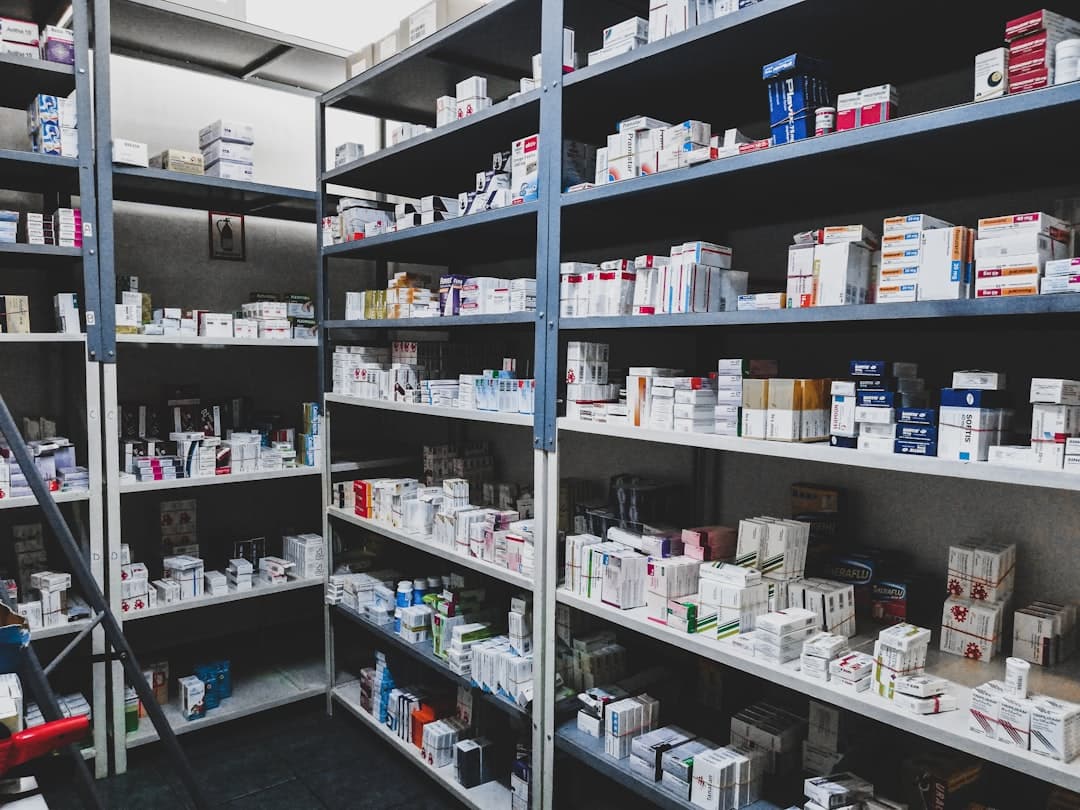 Healthcare inventory and medical supplies organised on warehouse shelves