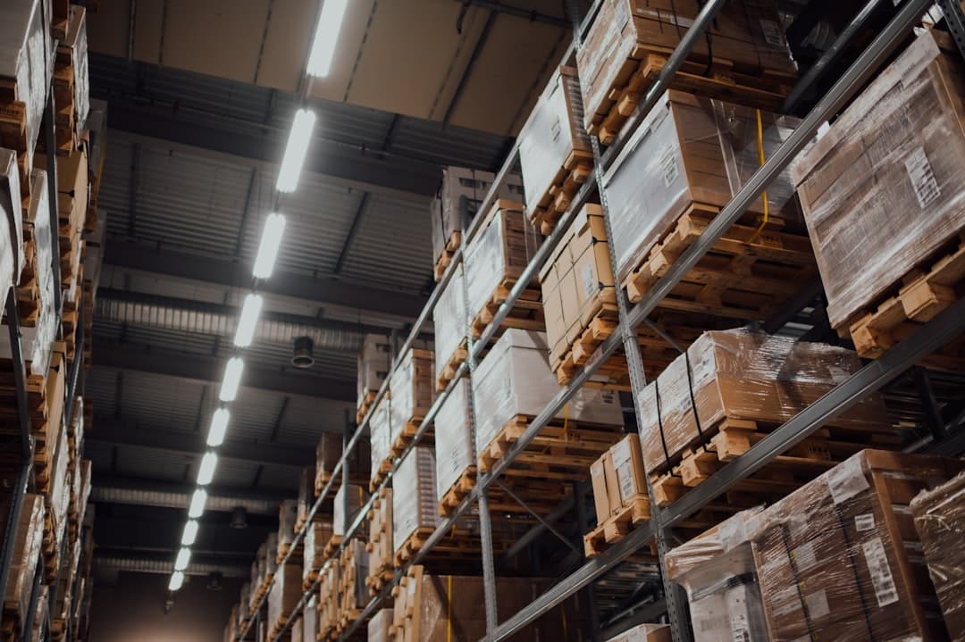 Medicine cartons stacked in a pharmaceutical distribution warehouse